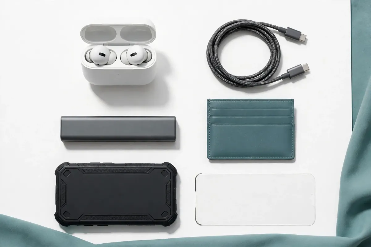 Flat lay of phone accessories including wireless earbuds, USB-C cable, power bank, wallet case and screen protector